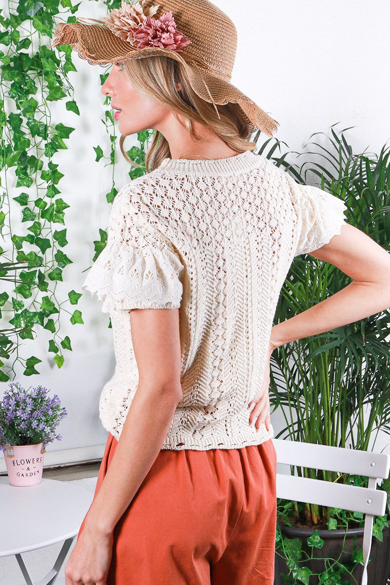 Ruffle Eyelet Crochet Sweater