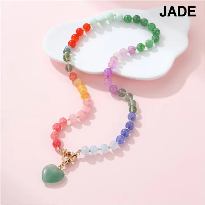 Natural Stone Glass Mixed Necklace with Heart