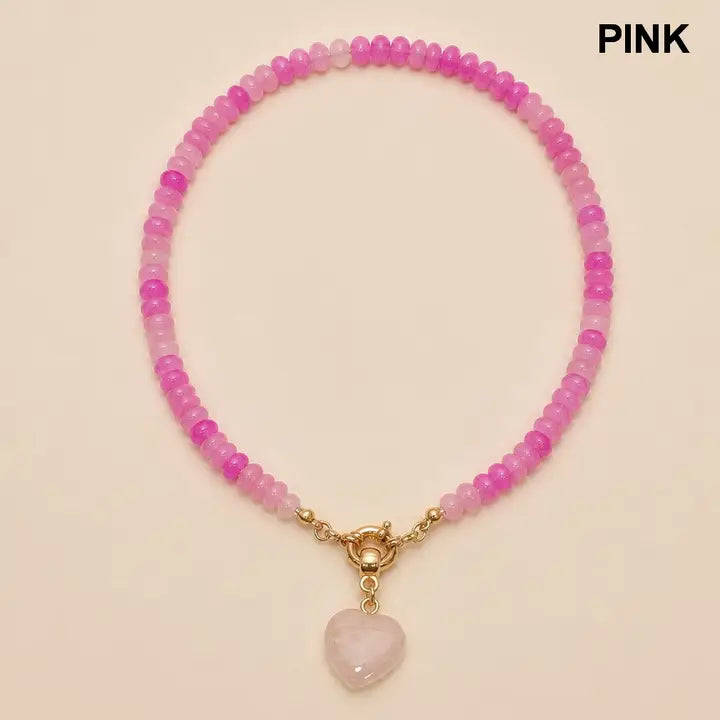 Natural Stone Glass Mixed Necklace with Pink Heart