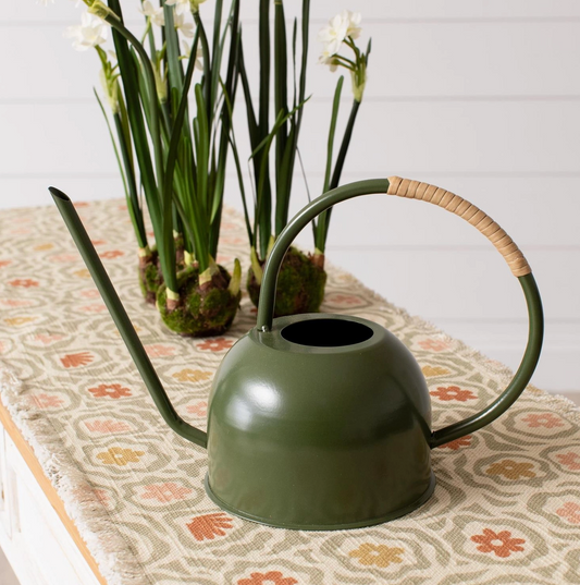 Green Enamel with Rattan Watering Can