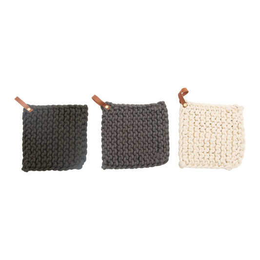 Cotton Crocheted Potholder with Leather Loop