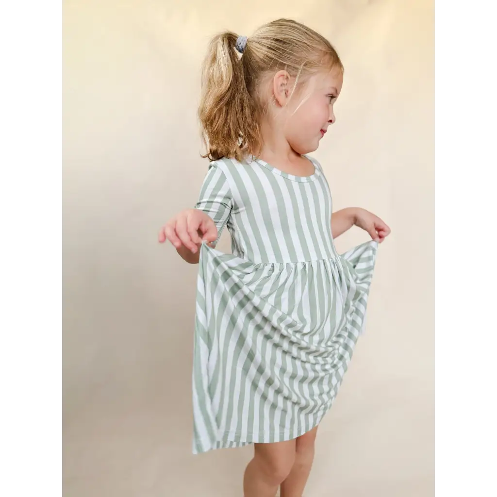 Sage Striped Bamboo Twirl Dress